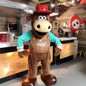 Rust Beef Stroganoff mascot costume character dressed with a Jumpsuit and Suspenders