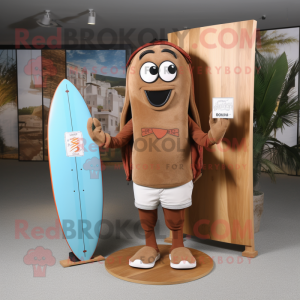Brown Surfboard mascot costume character dressed with a Denim Shorts and Briefcases