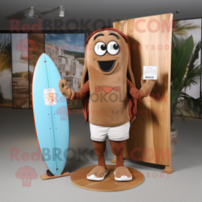 Brown Surfboard mascot costume character dressed with a Denim Shorts and Briefcases