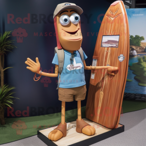 Brown Surfboard mascot costume character dressed with a Denim Shorts and Briefcases