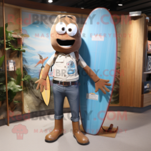 Brown Surfboard mascot costume character dressed with a Denim Shorts and Briefcases