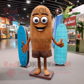 Brown Surfboard mascot costume character dressed with a Denim Shorts and Briefcases