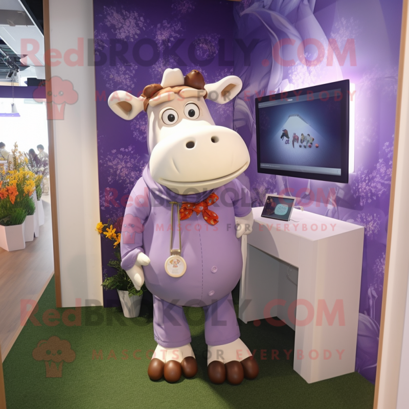 Lavender Hereford Cow mascot costume character dressed with a Shorts and Cufflinks