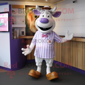 Lavender Hereford Cow mascot costume character dressed with a Shorts and Cufflinks