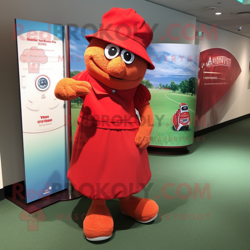 Red Golf Bag mascot costume character dressed with a Wrap Skirt and Hats