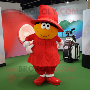 Red Golf Bag mascot costume character dressed with a Wrap Skirt and Hats