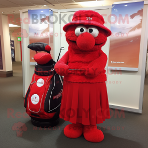 Red Golf Bag mascot costume character dressed with a Wrap Skirt and Hats