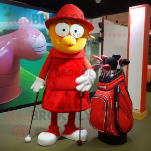 Red Golf Bag mascot costume character dressed with a Wrap Skirt and Hats