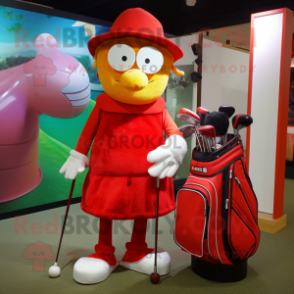 Red Golf Bag mascot costume character dressed with a Wrap Skirt and Hats