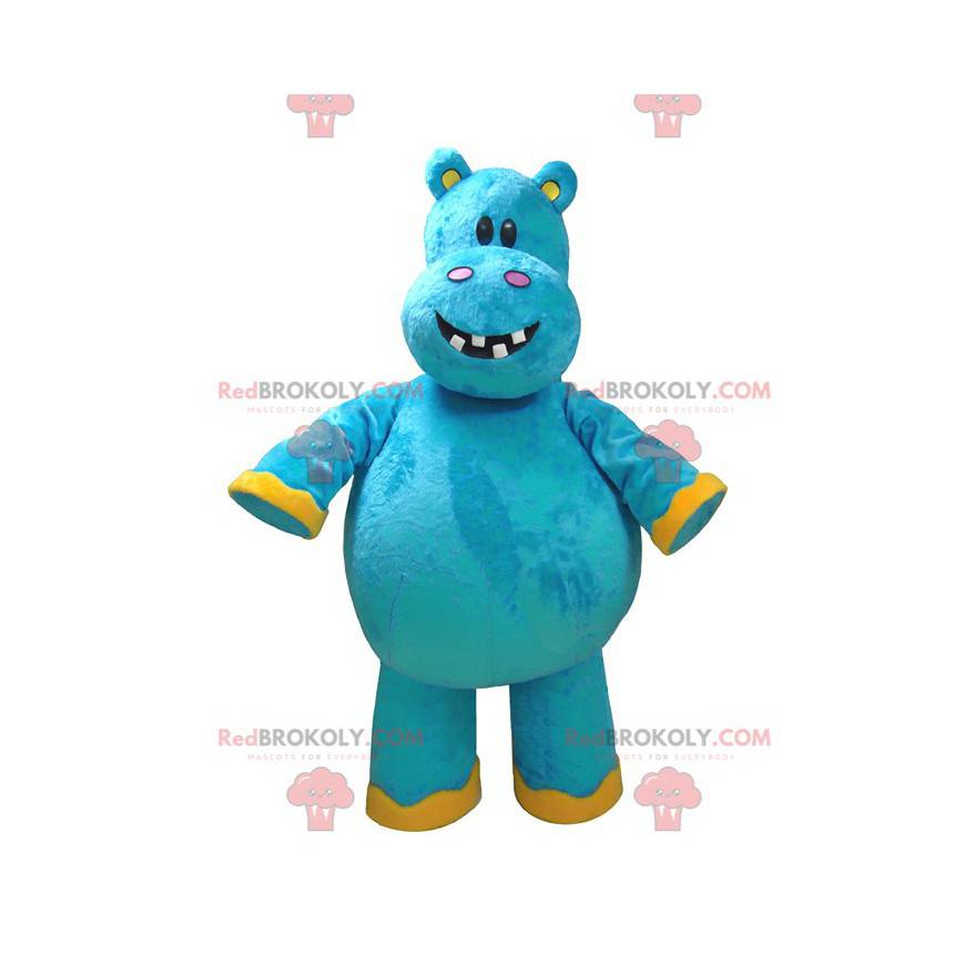 Mascotte ippopotamo blu e gialla molto divertente -