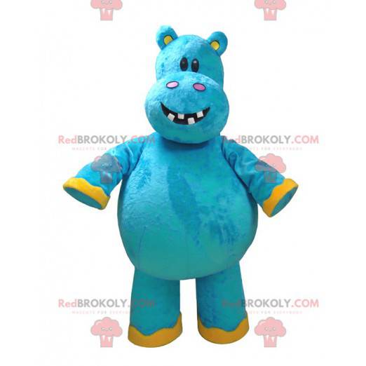 Mascotte ippopotamo blu e gialla molto divertente -