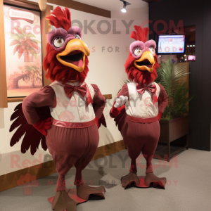 Maroon Roosters mascot costume character dressed with a Shift Dress and Suspenders