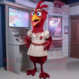 Maroon Roosters mascot costume character dressed with a Shift Dress and Suspenders