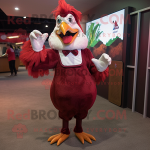 Maroon Roosters mascot costume character dressed with a Shift Dress and Suspenders