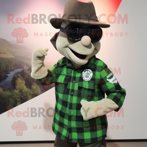 Forest Green Fire Fighter mascot costume character dressed with a Flannel Shirt and Sunglasses