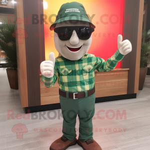 Forest Green Fire Fighter mascot costume character dressed with a Flannel Shirt and Sunglasses