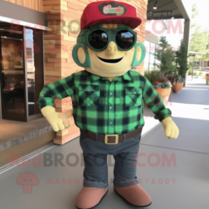 Forest Green Fire Fighter mascot costume character dressed with a Flannel Shirt and Sunglasses