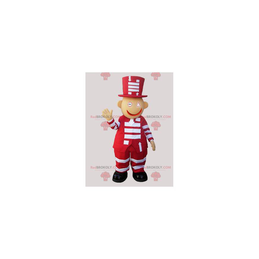 Mascotte de bonhomme rouge et blanc avec un grand chapeau -