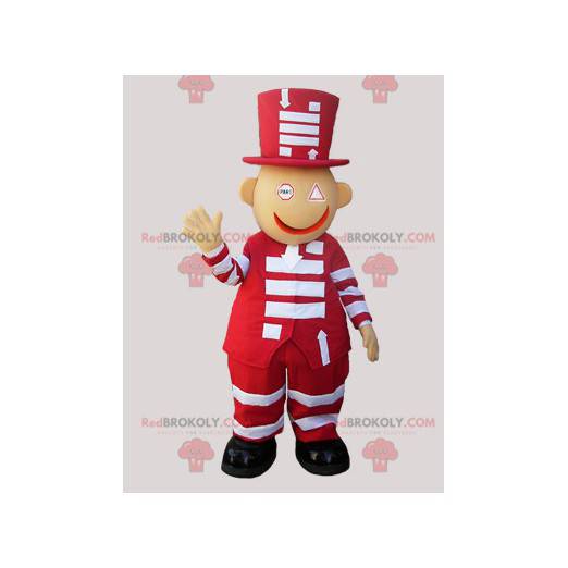 Mascotte de bonhomme rouge et blanc avec un grand chapeau -