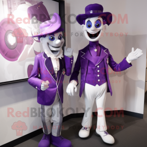Purple Mime mascot costume character dressed with a Jacket and Brooches