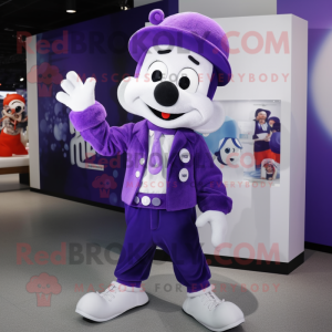 Purple Mime mascot costume character dressed with a Jacket and Brooches