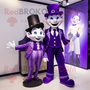 Purple Mime mascot costume character dressed with a Jacket and Brooches