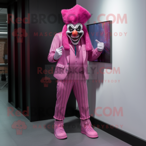 Pink Evil Clown mascot costume character dressed with a Bootcut Jeans and Tie pins