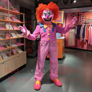 Pink Evil Clown mascot costume character dressed with a Bootcut Jeans and Tie pins