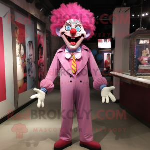 Pink Evil Clown mascot costume character dressed with a Bootcut Jeans and Tie pins