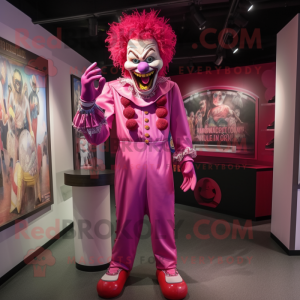 Pink Evil Clown mascot costume character dressed with a Bootcut Jeans and Tie pins