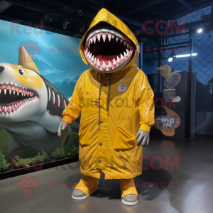 Gold Megalodon mascot costume character dressed with a Raincoat and Shoe laces