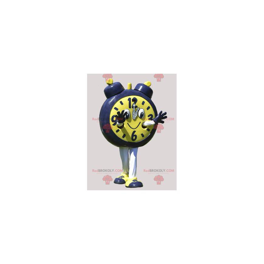Mascota gigante de reloj despertador amarillo y negro. Mascota