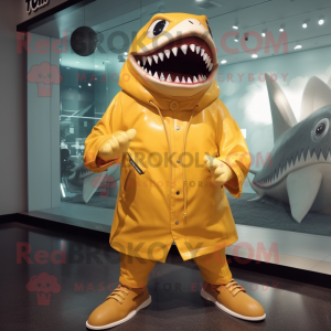 Gold Megalodon mascot costume character dressed with a Raincoat and Shoe laces