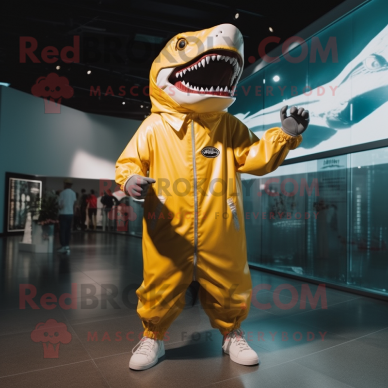 Gold Megalodon mascot costume character dressed with a Raincoat and Shoe laces