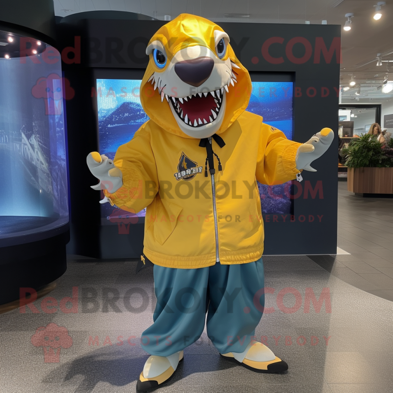 Gold Megalodon mascot costume character dressed with a Raincoat and Shoe laces