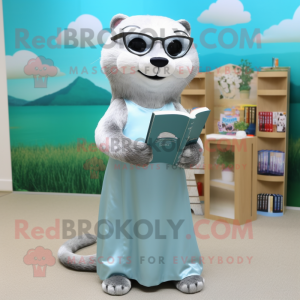 Silver Otter mascot costume character dressed with a Maxi Skirt and Reading glasses