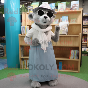 Silver Otter mascot costume character dressed with a Maxi Skirt and Reading glasses