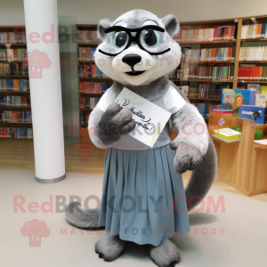 Silver Otter mascot costume character dressed with a Maxi Skirt and Reading glasses