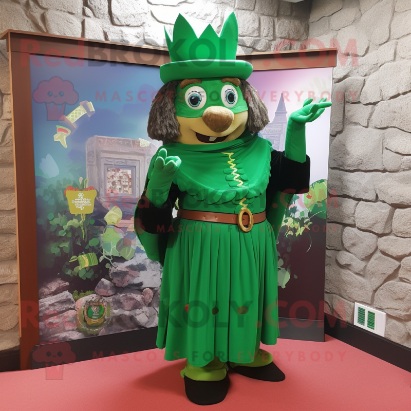 Forest Green Irish Castle mascot costume character dressed with a Blouse and Anklets Forest Green Irish Castle mascot costume character dressed with a Blouse and Anklets