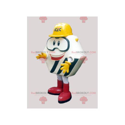 Mascota de polígono con casco y gafas de construcción. -