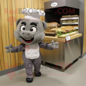 Gray Pulled Pork Sandwich mascot costume character dressed with a Cargo Pants and Headbands
