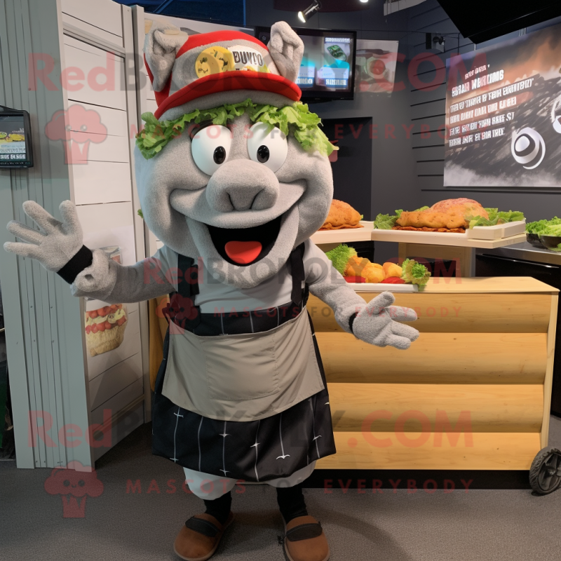 Gray Pulled Pork Sandwich mascot costume character dressed with a Cargo Pants and Headbands