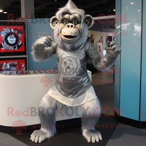 Silver Chimpanzee mascot costume character dressed with a Mini Skirt and Mittens
