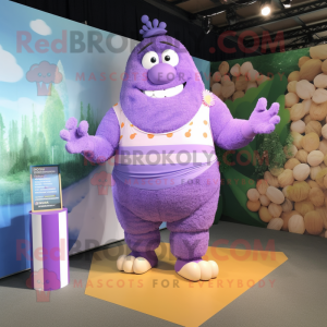 Lavender Strongman mascot costume character dressed with a Maxi Dress and Headbands