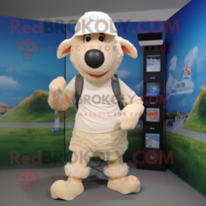 Beige Sheep mascot costume character dressed with a Running Shorts and Hat pins