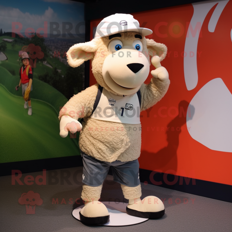 Beige Sheep mascot costume character dressed with a Running Shorts and Hat pins