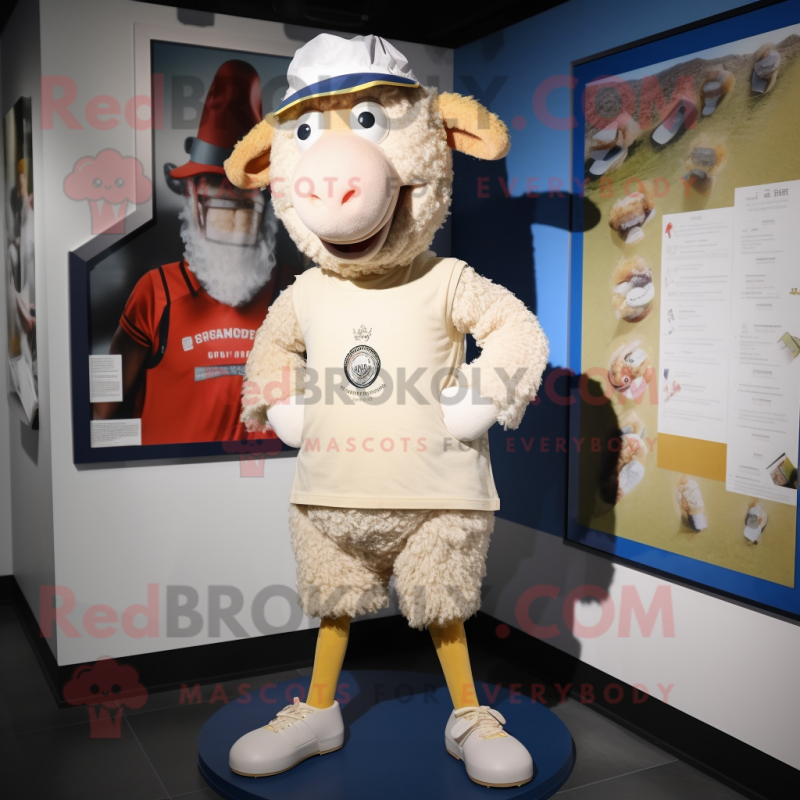 Beige Sheep mascot costume character dressed with a Running Shorts and Hat pins