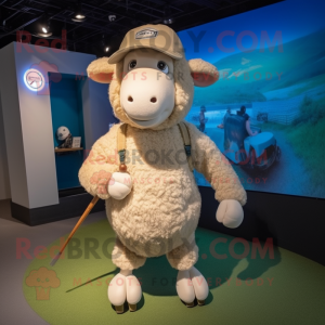 Beige Sheep mascot costume character dressed with a Running Shorts and Hat pins
