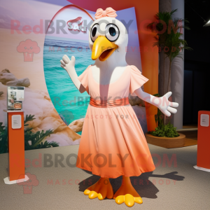 Peach Seagull mascot costume character dressed with a Maxi Dress and Headbands