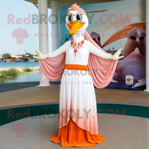 Peach Seagull mascot costume character dressed with a Maxi Dress and Headbands